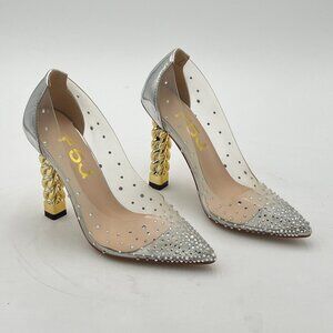FSJ Silver Pointed Toe Golden Chunky High Heel Clear Pumps Evening Shoes